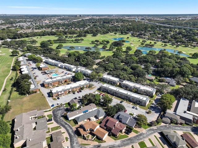 bird's eye view with a water view, golf course view, and a residential view