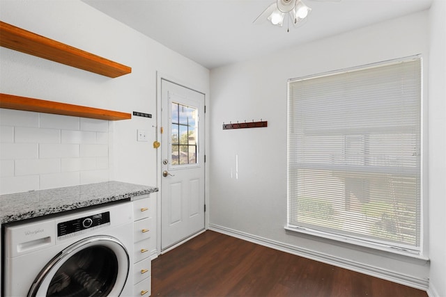 laundry area with washer / clothes dryer, dark wood-style floors, ceiling fan, and baseboards