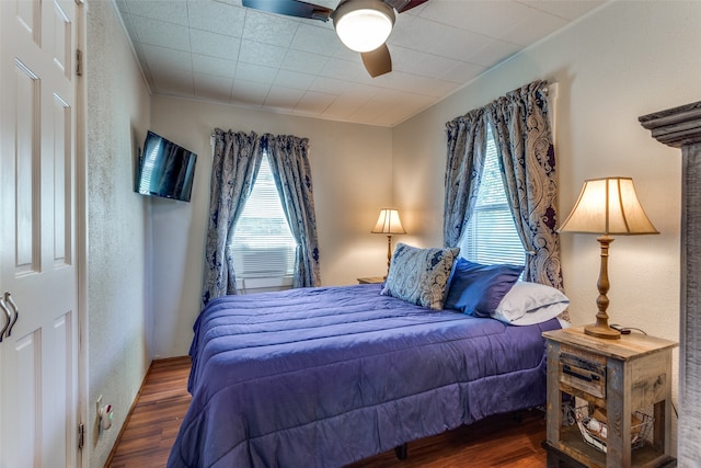 bedroom featuring multiple windows, dark hardwood / wood-style floors, and ceiling fan