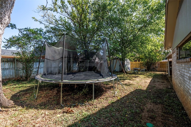 view of yard featuring a shed and a trampoline