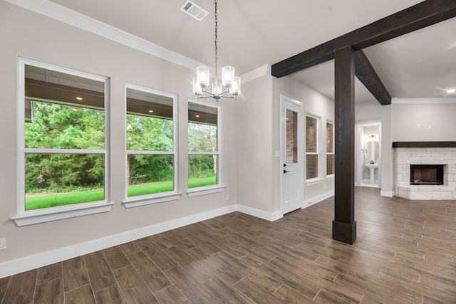2201 Crystal Palace Blvd, Alvarado, TX 76009 - unfurnished dining area with baseboards, beamed ceiling, ornamental molding, and visible vents
