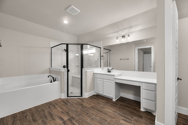 2201 Crystal Palace Blvd, Alvarado, TX 76009 - full bath featuring vanity, wood finish floors, visible vents, a shower stall, and a bath