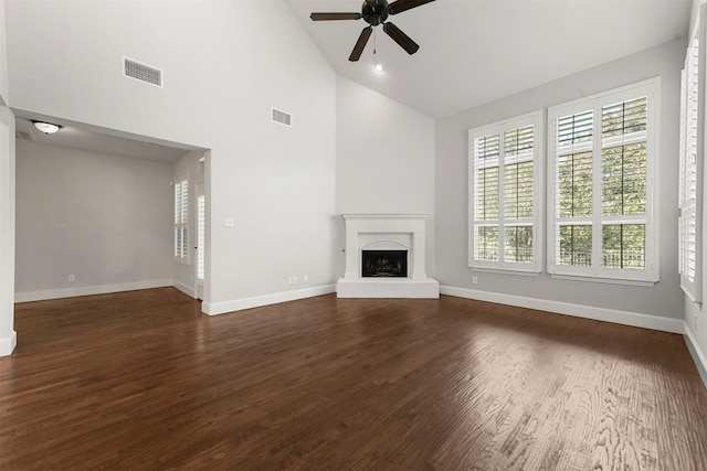 unfurnished living room with ceiling fan, high vaulted ceiling, and dark hardwood / wood-style flooring