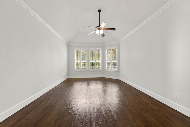 unfurnished room with lofted ceiling, ornamental molding, dark wood-type flooring, and ceiling fan