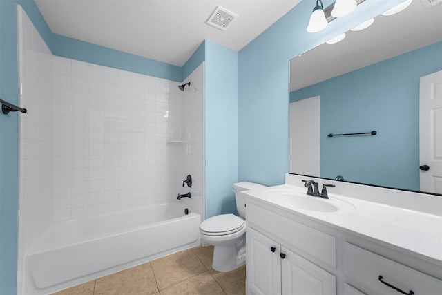 full bathroom with toilet, tiled shower / bath, vanity, and tile patterned floors