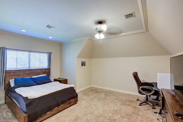 bedroom with ceiling fan, crown molding, and light colored carpet