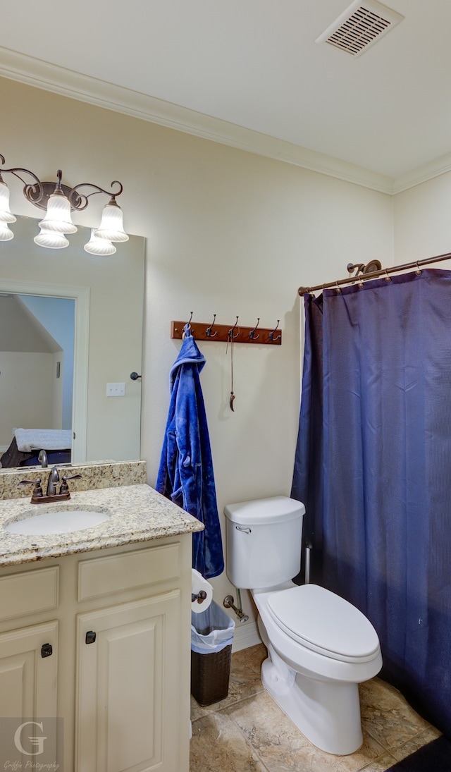 bathroom with vanity, crown molding, curtained shower, and toilet