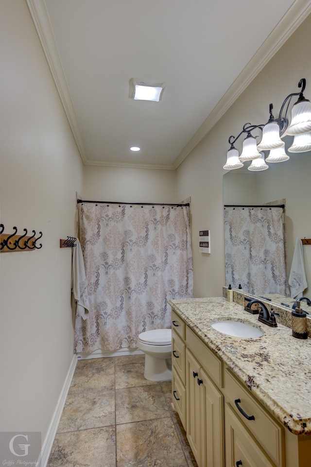 bathroom featuring vanity, toilet, ornamental molding, and a shower with curtain