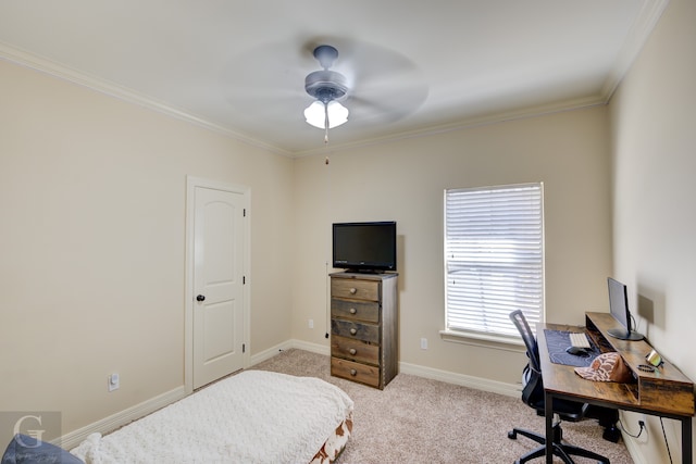 carpeted bedroom with ceiling fan and crown molding