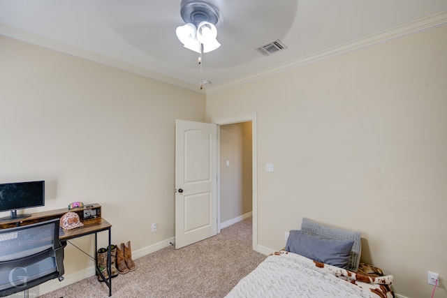 carpeted bedroom with crown molding and ceiling fan