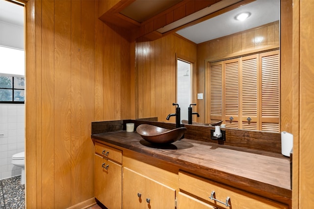 bathroom featuring toilet, wood walls, and vanity