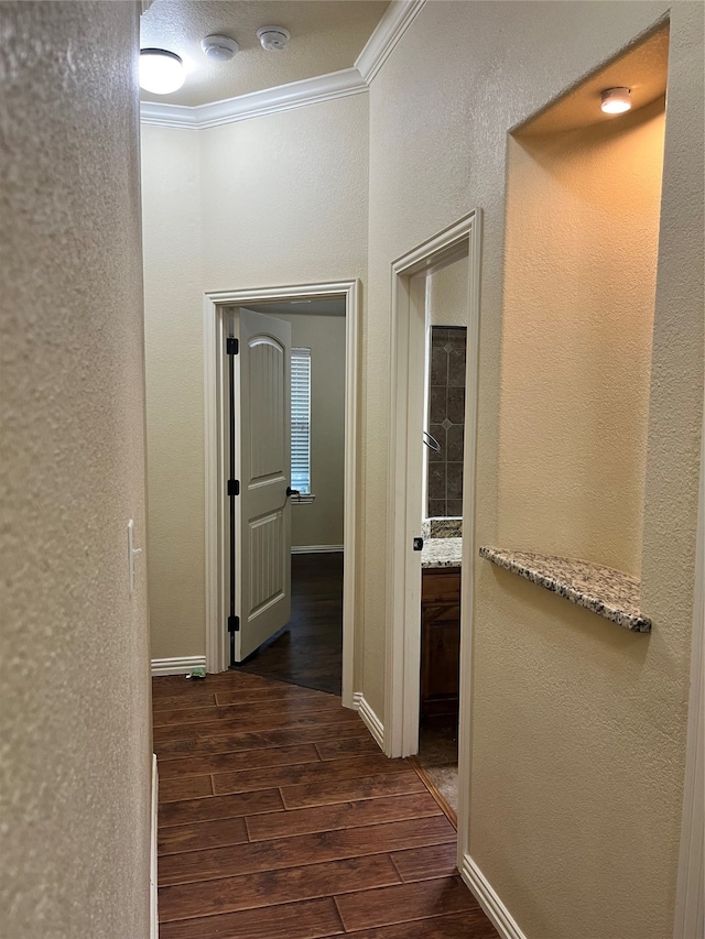 hall featuring crown molding and dark hardwood / wood-style flooring