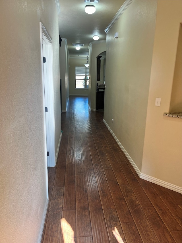 hall with ornamental molding and dark hardwood / wood-style flooring