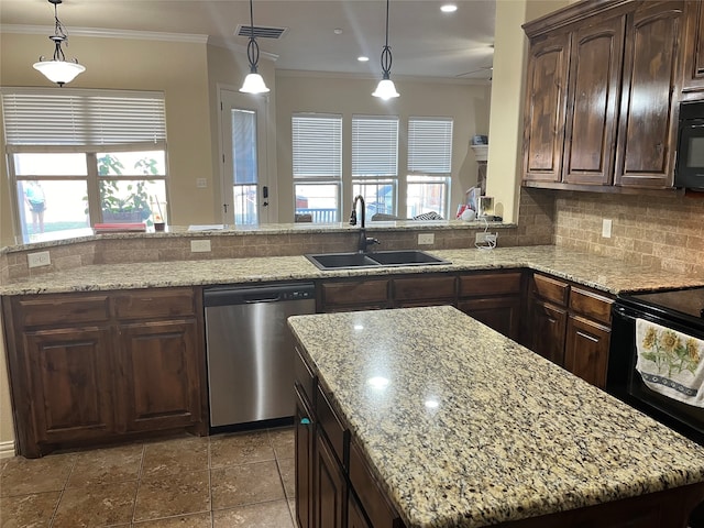 kitchen with decorative backsplash, hanging light fixtures, ornamental molding, black appliances, and sink