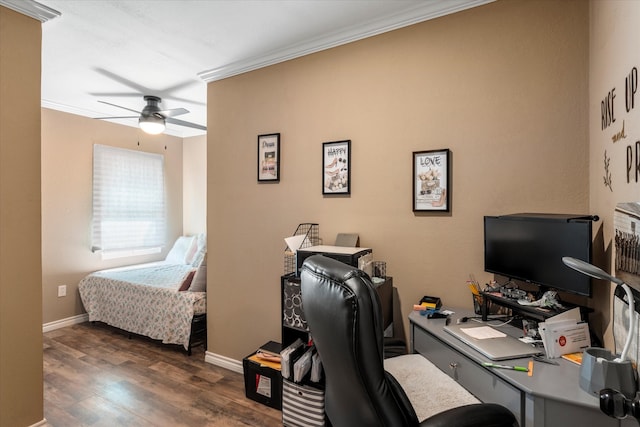 office with crown molding, ceiling fan, and dark hardwood / wood-style flooring