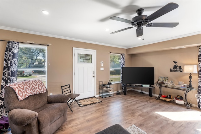 living room with light hardwood / wood-style floors, crown molding, plenty of natural light, and ceiling fan