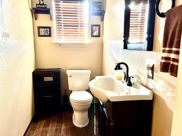 bathroom featuring vanity, toilet, and hardwood / wood-style floors