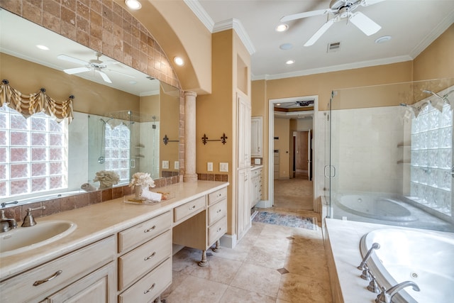 bathroom featuring ornate columns, tile patterned flooring, independent shower and bath, crown molding, and vanity