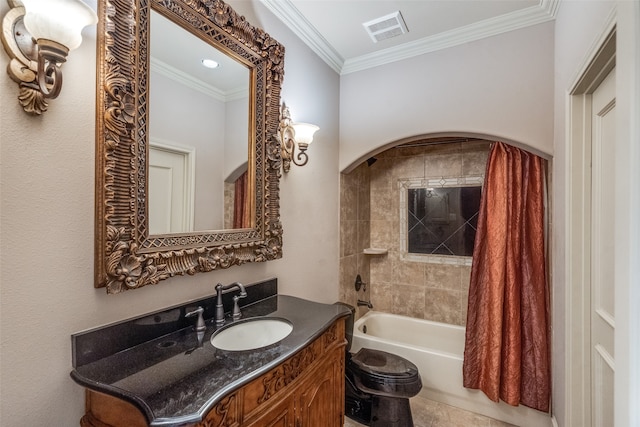 full bathroom featuring shower / bathing tub combination, toilet, tile patterned floors, vanity, and ornamental molding