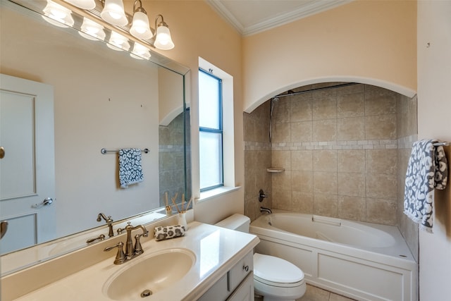 bathroom with vanity, crown molding, and toilet