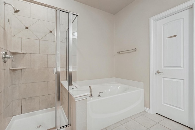 bathroom with tile patterned flooring and plus walk in shower