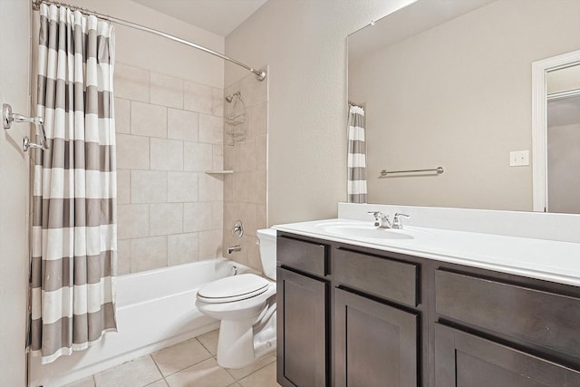 full bathroom with toilet, vanity, shower / tub combo with curtain, and tile patterned flooring