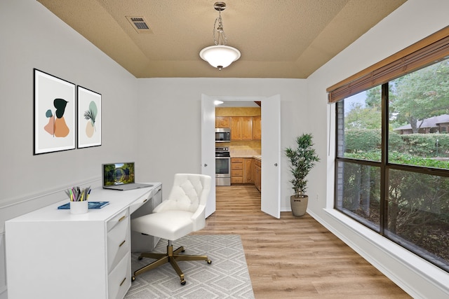 office space with a raised ceiling, light hardwood / wood-style flooring, and a textured ceiling