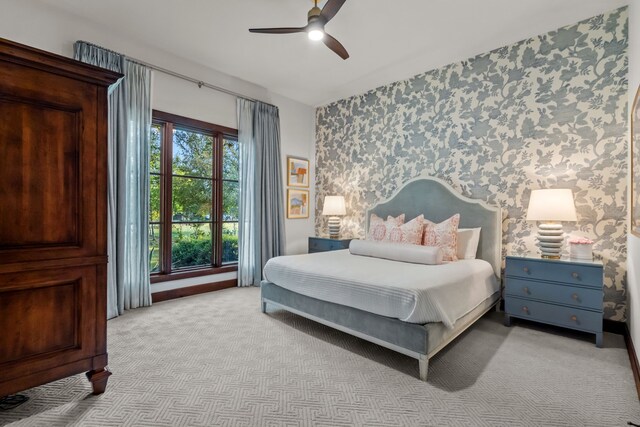 bedroom with ceiling fan, access to exterior, wooden ceiling, vaulted ceiling, and french doors