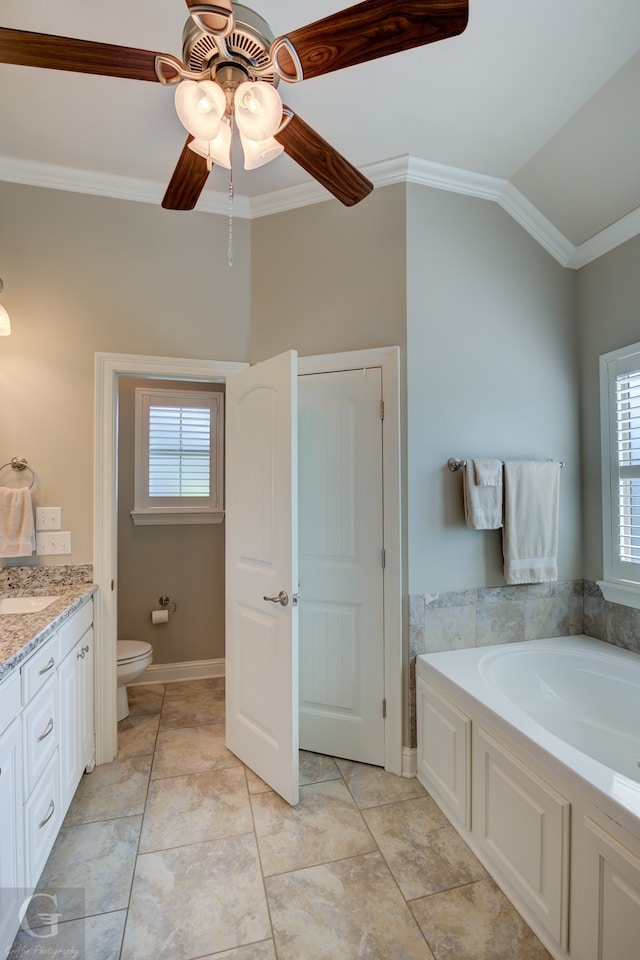 bathroom featuring a bathtub, vaulted ceiling, toilet, ornamental molding, and vanity