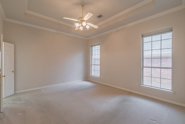 unfurnished room featuring a raised ceiling, a wealth of natural light, and ceiling fan