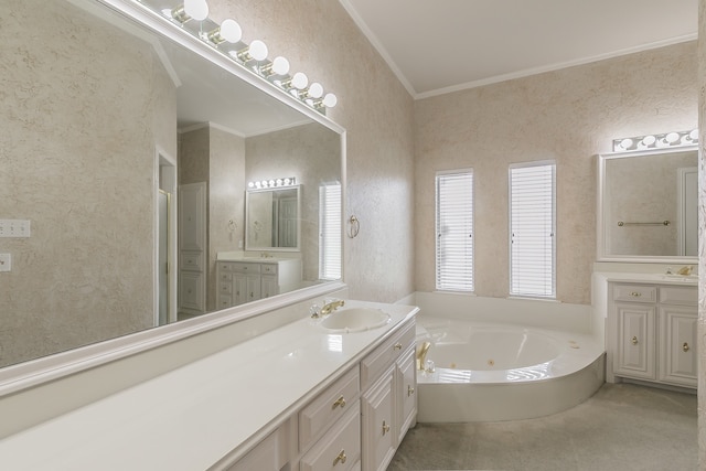 bathroom featuring vanity, ornamental molding, and a bath