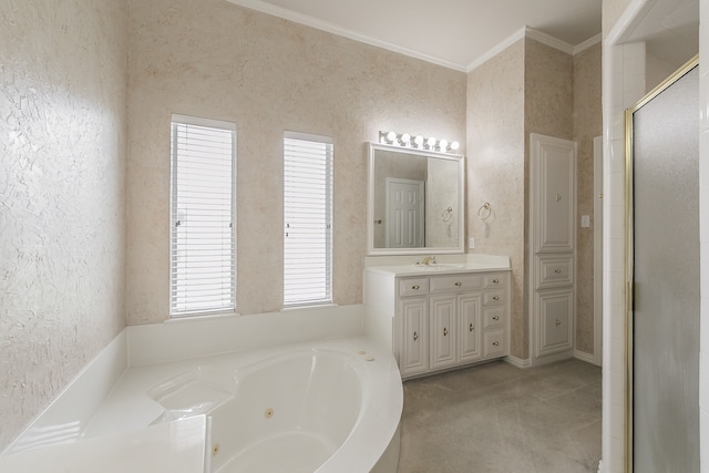 bathroom with vanity, independent shower and bath, and ornamental molding