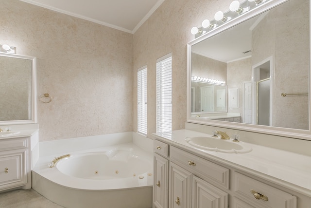 bathroom featuring a tub to relax in, crown molding, and vanity