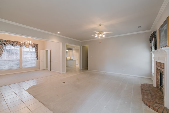 unfurnished living room featuring a fireplace, light tile patterned floors, ceiling fan with notable chandelier, and ornamental molding