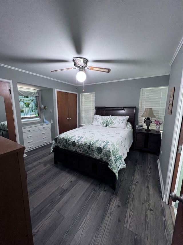 bedroom with dark hardwood / wood-style flooring, ornamental molding, and ceiling fan