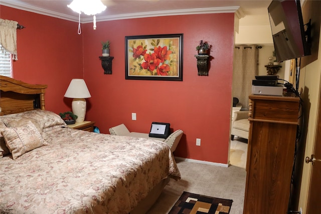 carpeted bedroom featuring ornamental molding