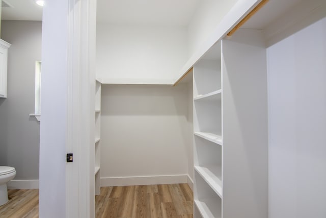 walk in closet with light hardwood / wood-style floors