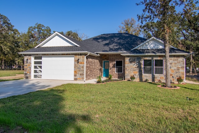 ranch-style home featuring a garage and a front lawn