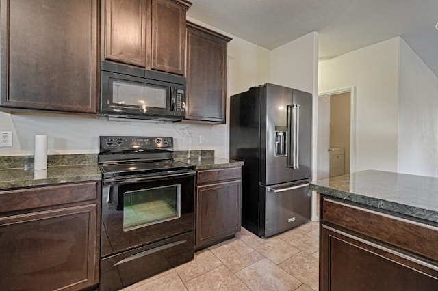 kitchen with dark stone countertops, dark brown cabinetry, black appliances, and a textured ceiling