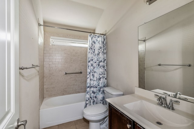 full bathroom with toilet, shower / tub combo, tile patterned floors, and vanity