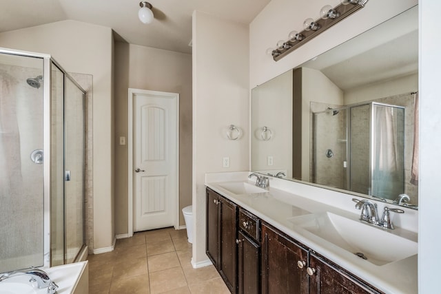 full bathroom featuring plus walk in shower, lofted ceiling, tile patterned floors, and vanity