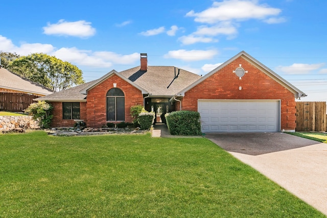 view of front of property with a front yard and a garage