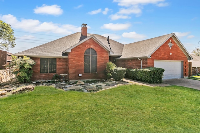 ranch-style house featuring a front yard and a garage