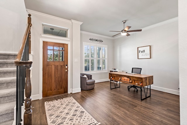 office space with ceiling fan, dark hardwood / wood-style flooring, and ornamental molding