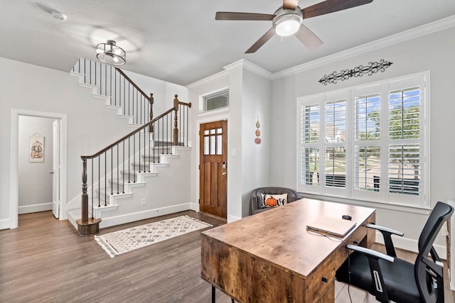 office featuring crown molding, ceiling fan, and wood-type flooring