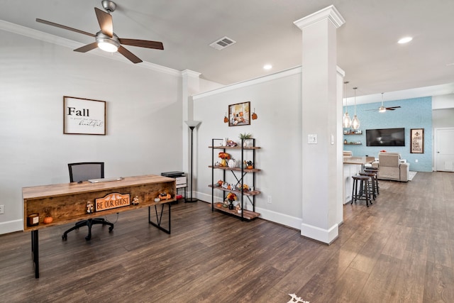 office space with ceiling fan, ornamental molding, dark wood-type flooring, and ornate columns