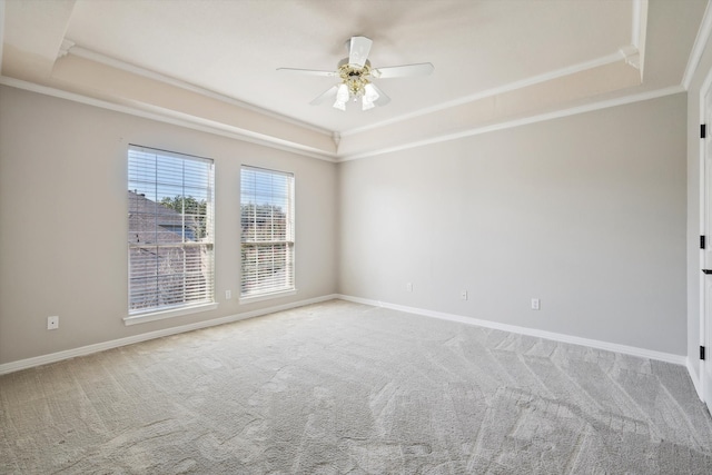 spare room featuring a tray ceiling, ceiling fan, and carpet flooring