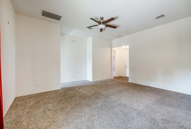 unfurnished room with ceiling fan and carpet floors