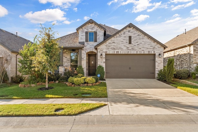 french country style house with a garage and a front yard