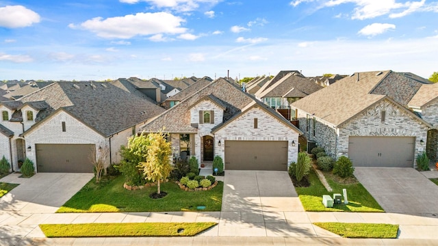 french country home featuring a garage and a front lawn